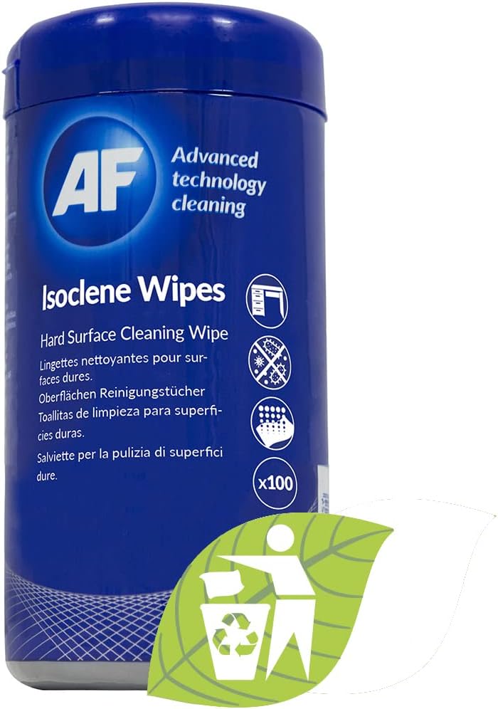 AF Isoclene Wet Isopropyl Alcohol Wipes in a tub, soft cleaning wipes for sanitizing and disinfecting surfaces and skin.