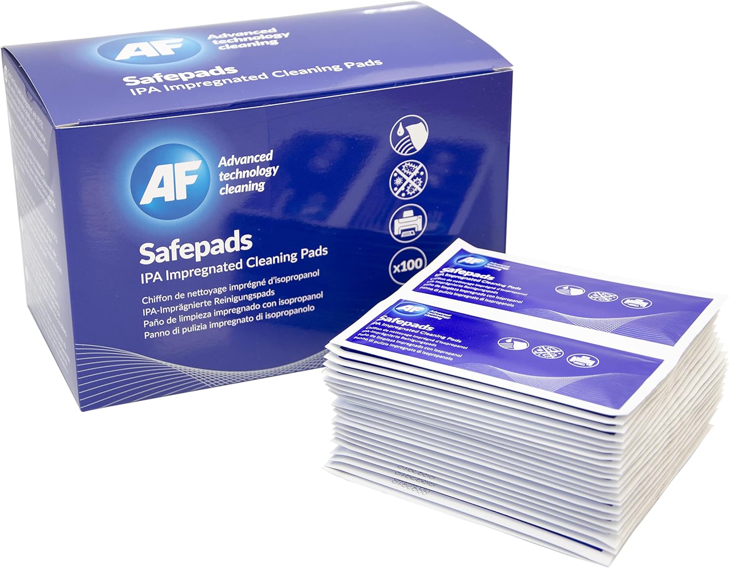 AF Safepads large lint-free isopropyl alcohol cleaning wipe pads, 22x12cm, for disinfecting and cleaning surfaces.
