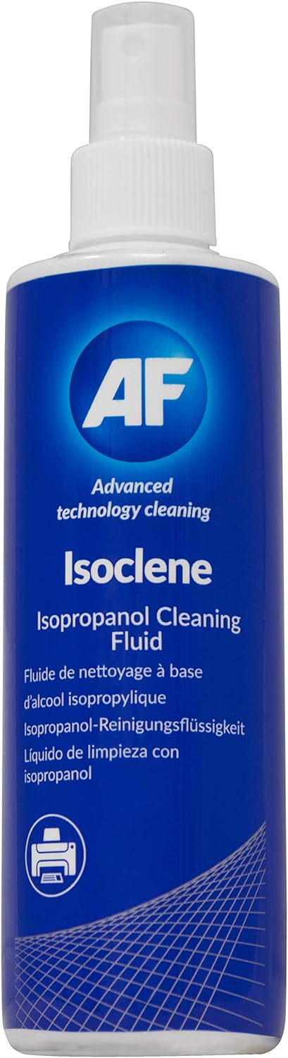 AF Isoclene 250ml bottle of isopropyl alcohol cleaning spray, showing clear liquid inside a white spray bottle.