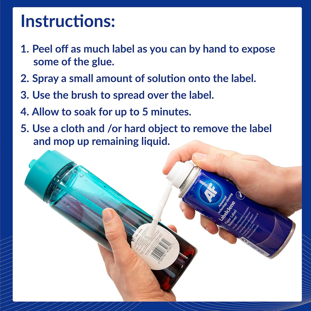AF Labelclene 200ml label remover spray for paper labels, shown in a clear spray bottle with label removal application.