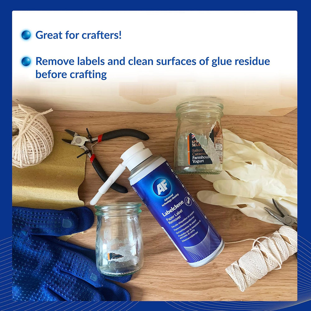 AF Labelclene 200ml label remover spray for paper labels, showing the spray bottle with clear label removal features.