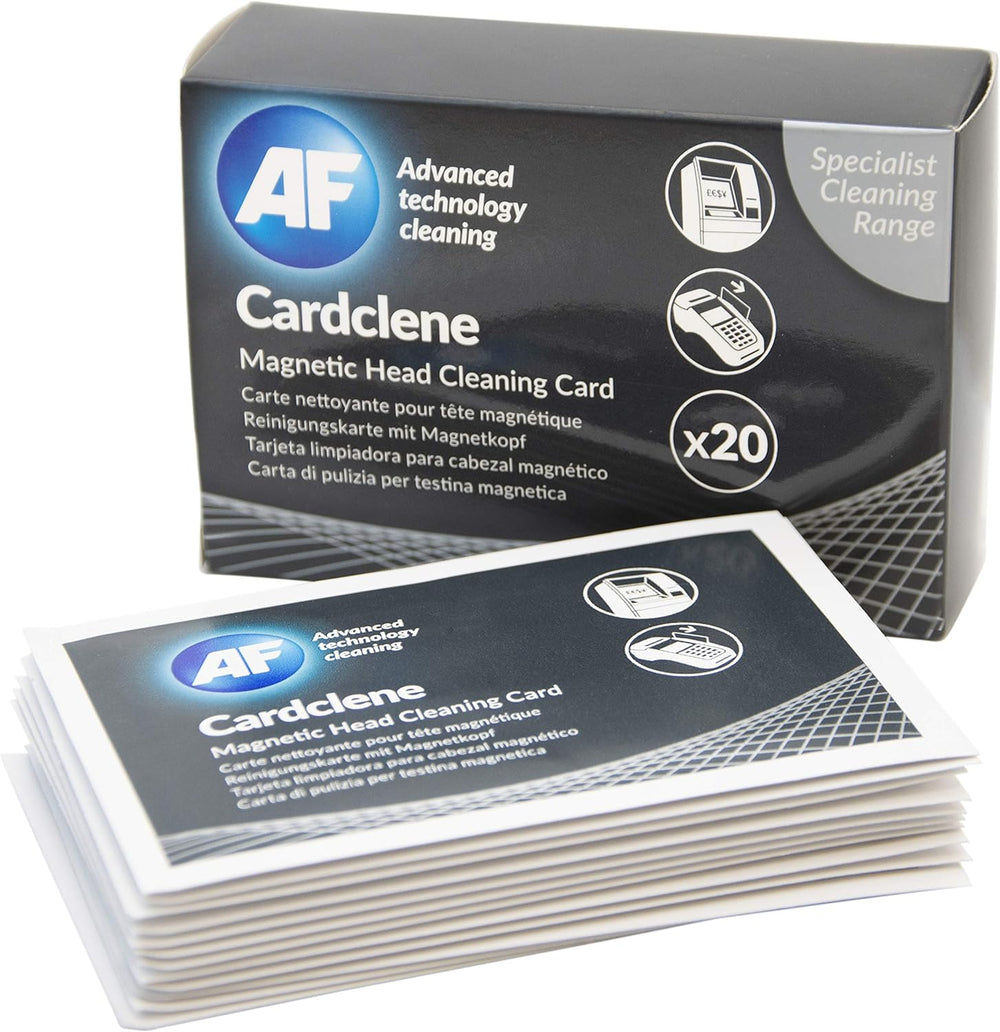 AF Cardclene cleaning cards with isopropanol for magnetic stripe and chip reader cleaning, designed for swipe and chip card readers.