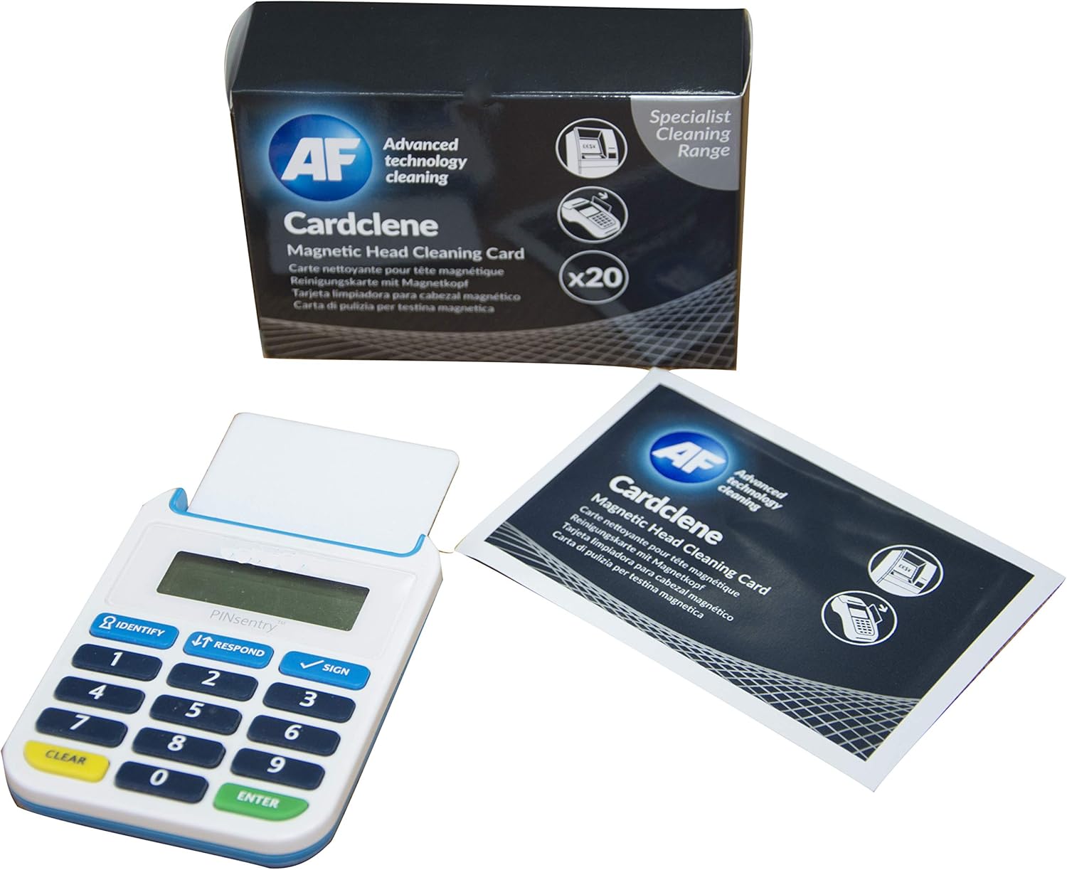 AF Cardclene cleaning cards with isopropanol for magnetic stripe and chip reader cleaning, showing the cards with branding and cleaning solution.