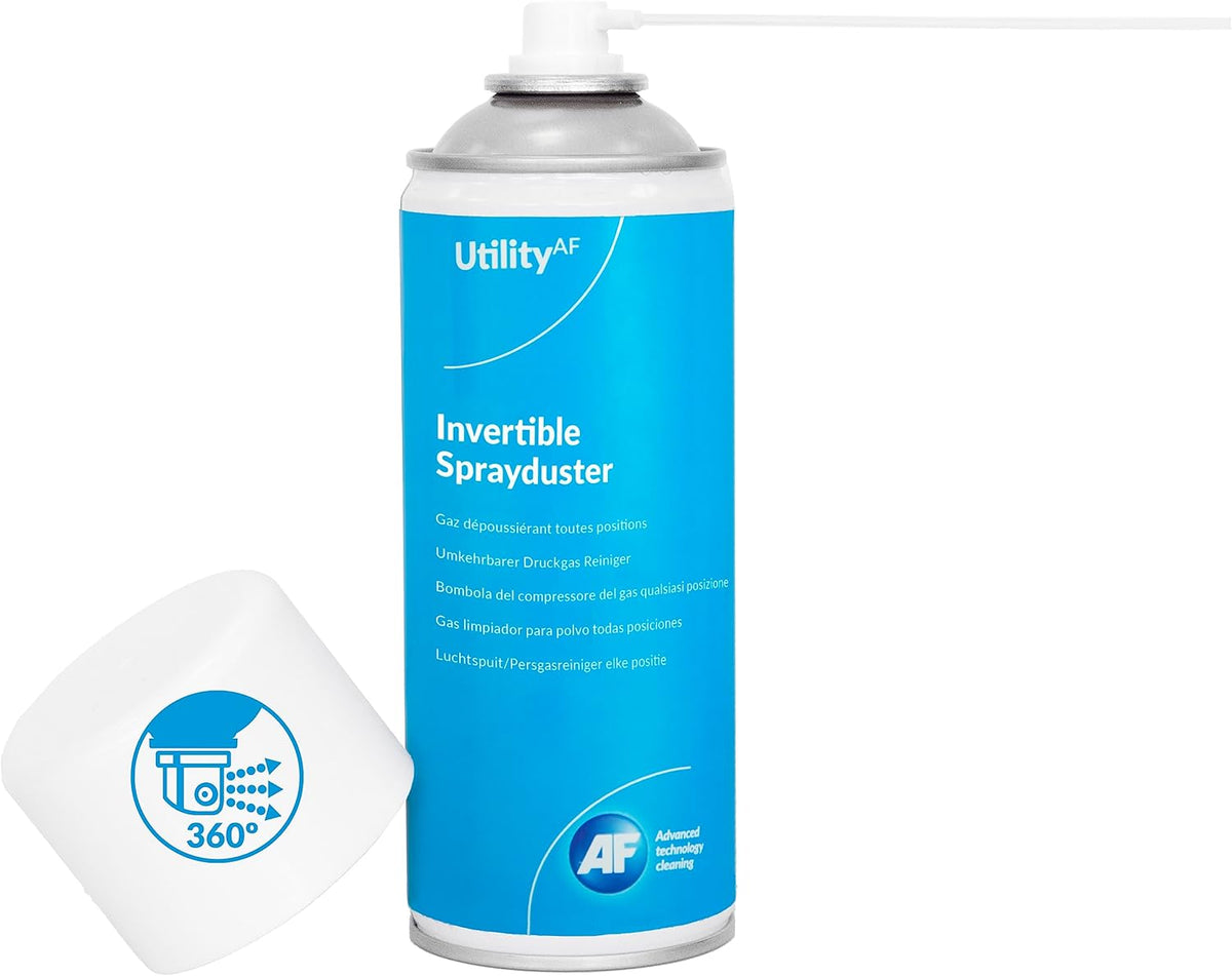 AF Utility Invertible Spray Duster 200ml for cleaning and dusting, shown in a clear image with spray nozzle and label.