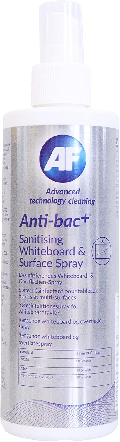 AF Anti-bac+ sanitising spray in a 250ml pump bottle, used for whiteboards, desks, door handles, and gym equipment cleaning.