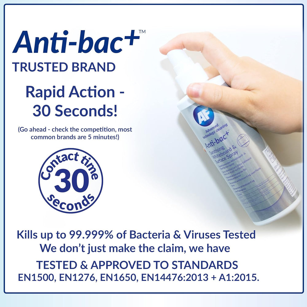 AF Anti-bac+ sanitising spray for whiteboards, surfaces, desks, door handles, and gym equipment in a 250ml pump spray bottle.