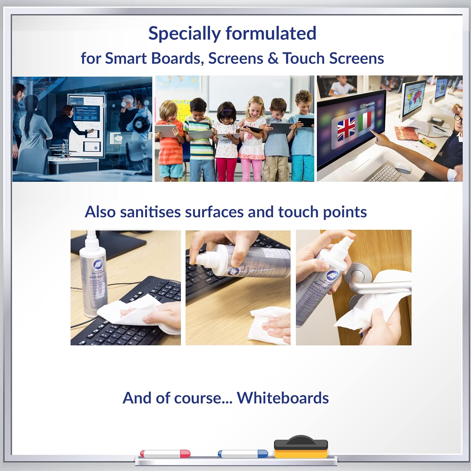 AF Anti-bac+ sanitising whiteboard and surface spray in a 250ml pump bottle, used for cleaning whiteboards, desks, and gym equipment.