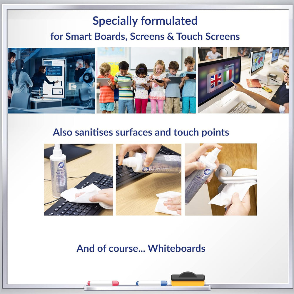 AF Anti-bac+ sanitising whiteboard and surface spray in a 250ml pump bottle, used for cleaning whiteboards, desks, and gym equipment.