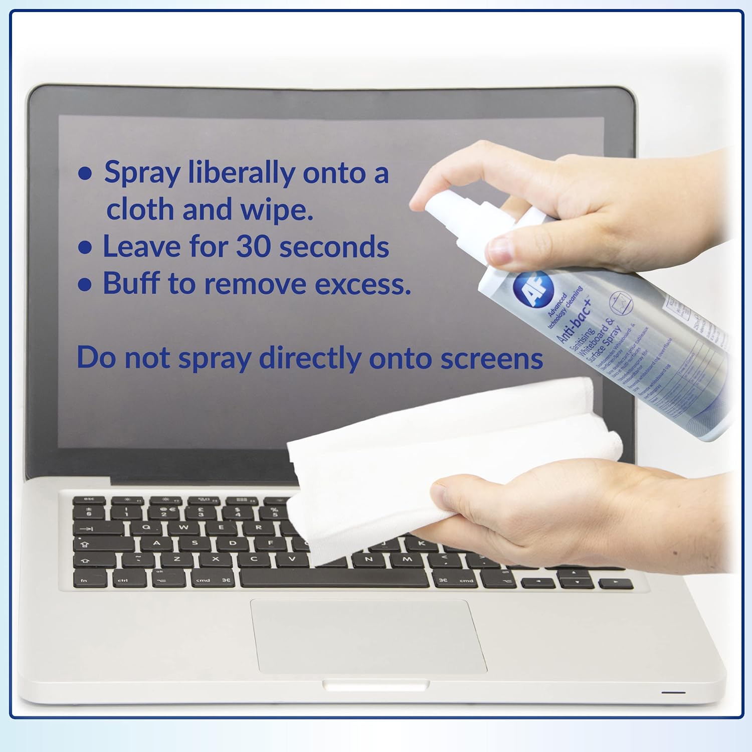 AF Anti-bac+ sanitising spray for whiteboards and surfaces, 250ml pump bottle, disinfects desks, door handles, gym equipment, and more.