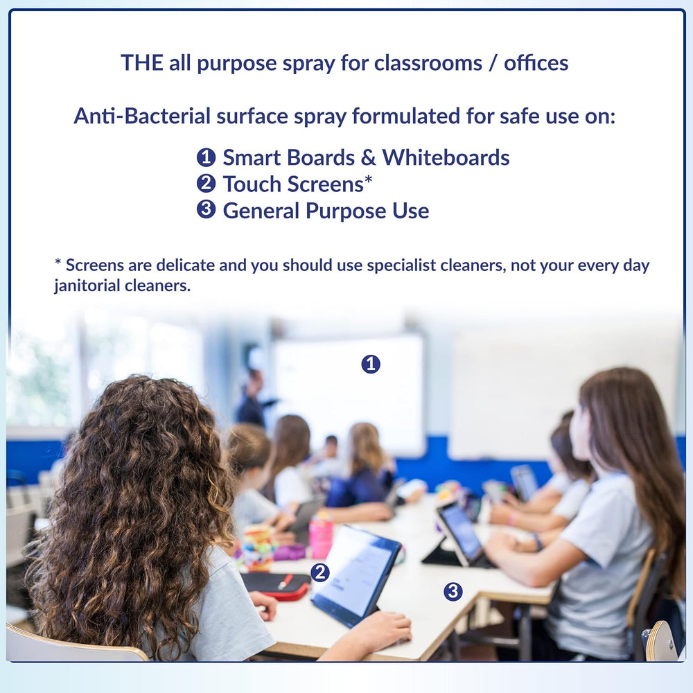 AF Anti-bac+ sanitising spray for whiteboards and surfaces in a 250ml pump bottle, ideal for ink removal and surface disinfecting.