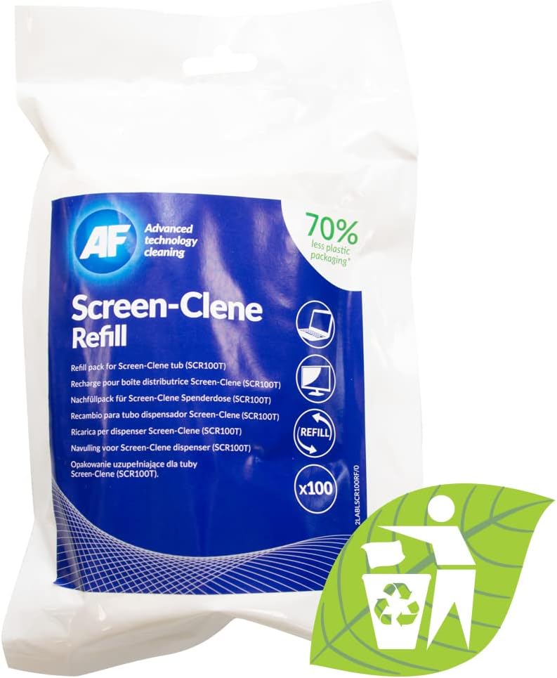 AF Anti Static Screen Cleaning Wipes tub with 100 wipes, ideal for cleaning and removing static from electronic device screens.