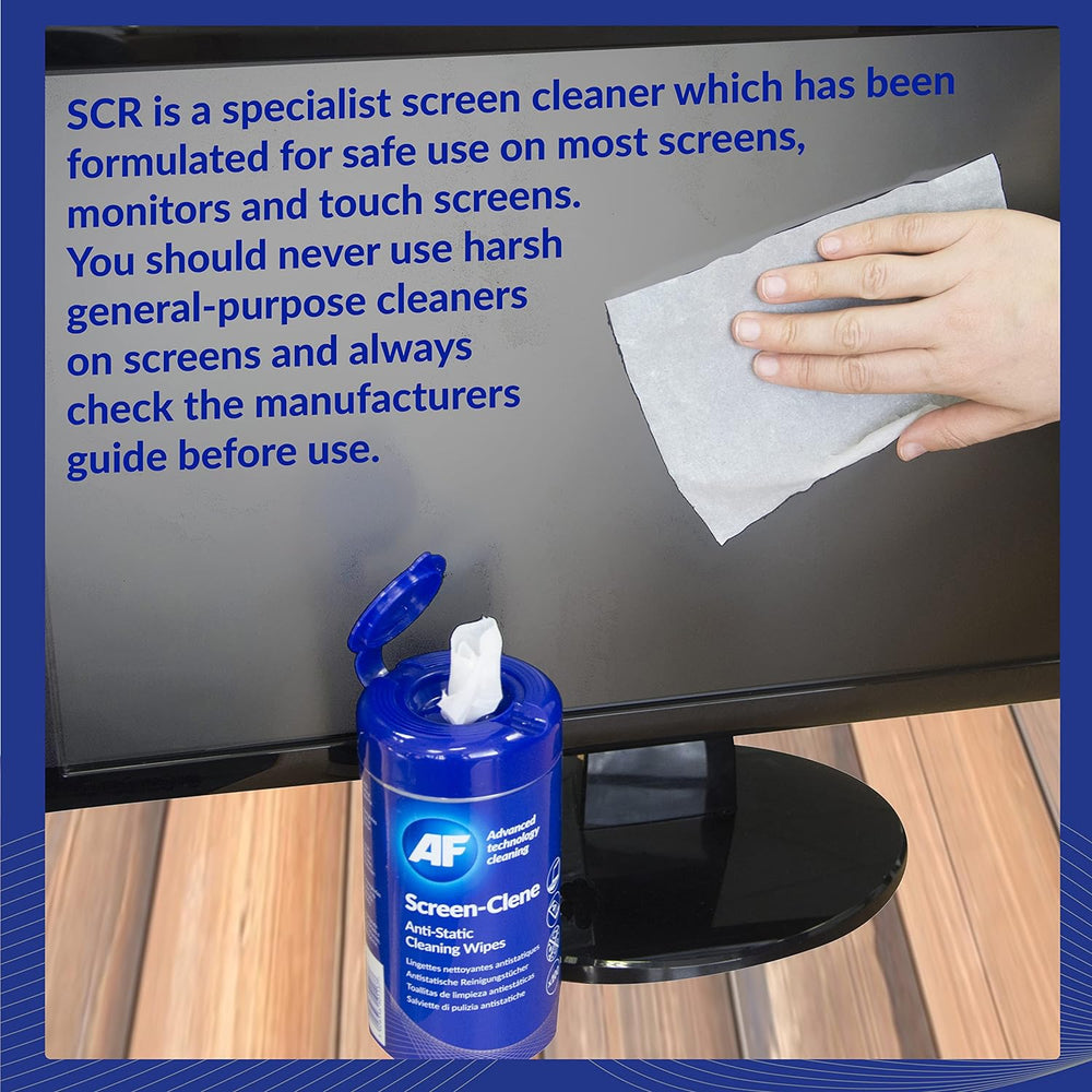 AF Anti Static Screen Cleaning Wipes tub with 100 wipes, designed for cleaning and reducing static on electronic device screens.