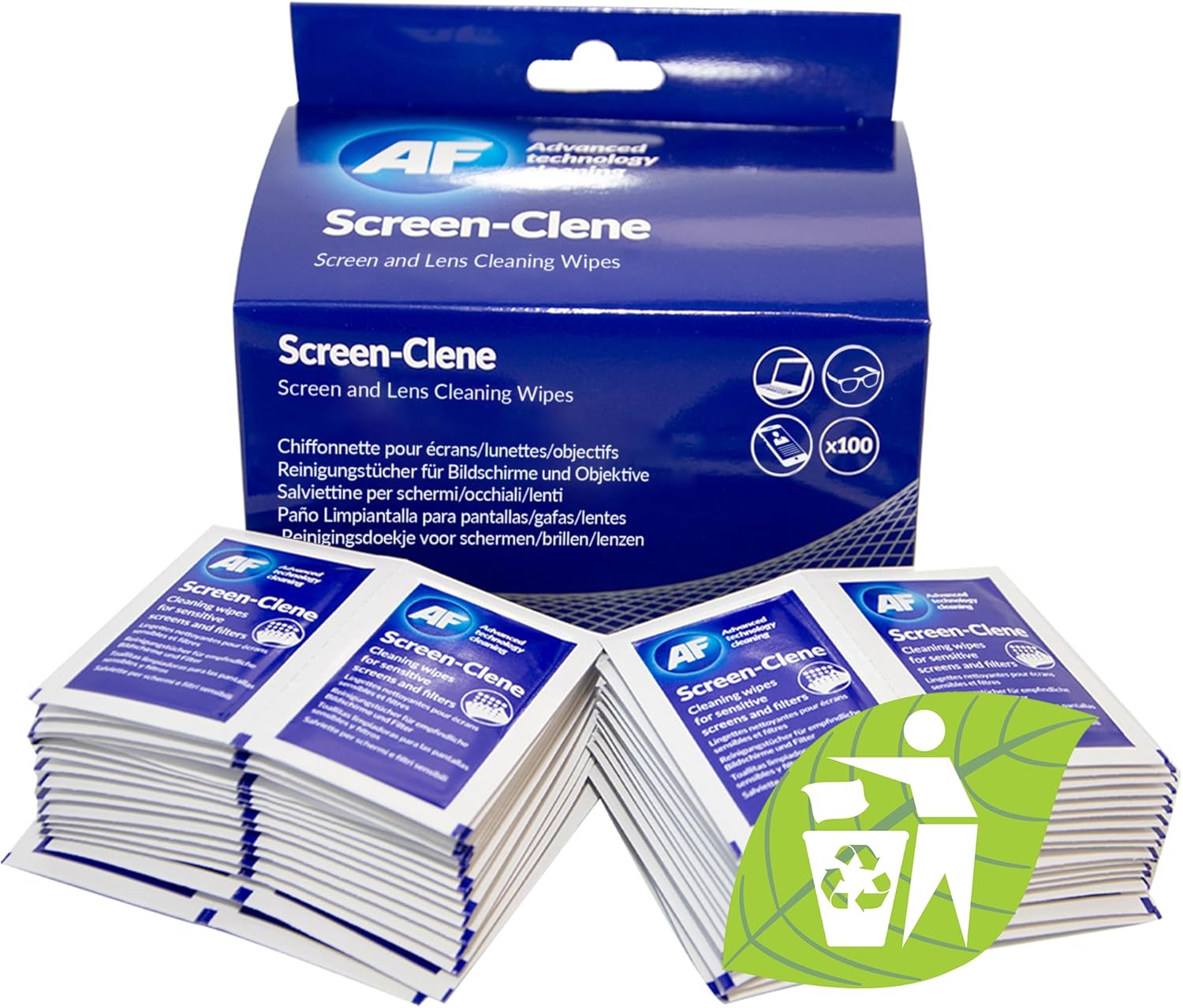 AF Screen and Lens Cleaning Wipes, individual anti-static wipes for removing smudges and dust from screens and lenses.