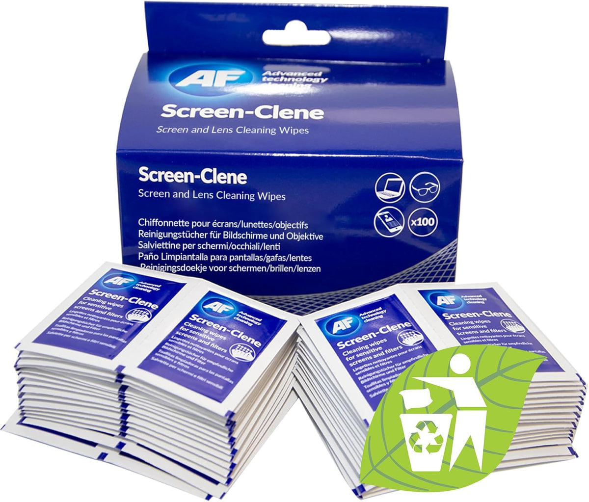 AF Screen and Lens Cleaning Wipes, individual anti-static wipes for removing smudges and dust from screens and lenses.