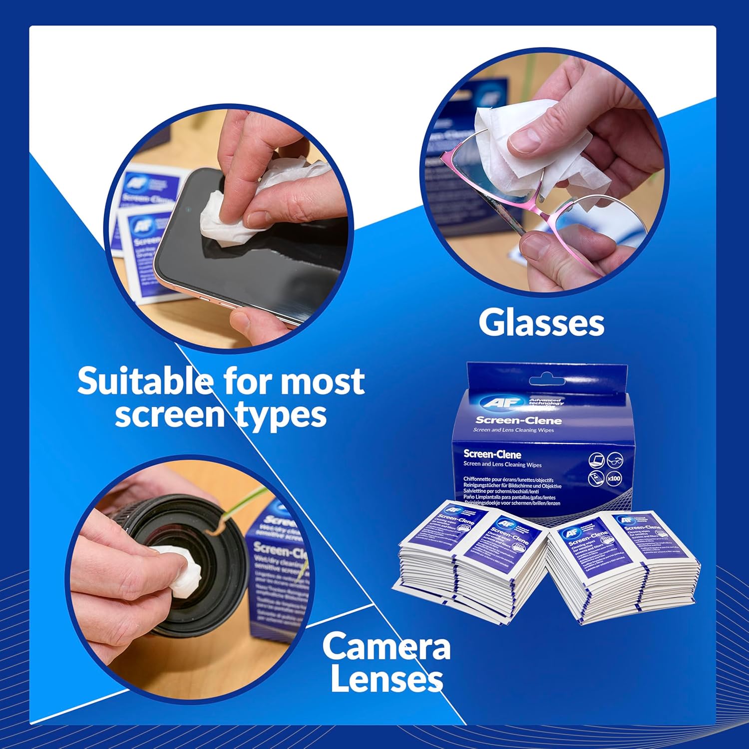 AF Screen and Lens Cleaning Wipes, individual anti-static cleaning wipes for screens and camera lenses.