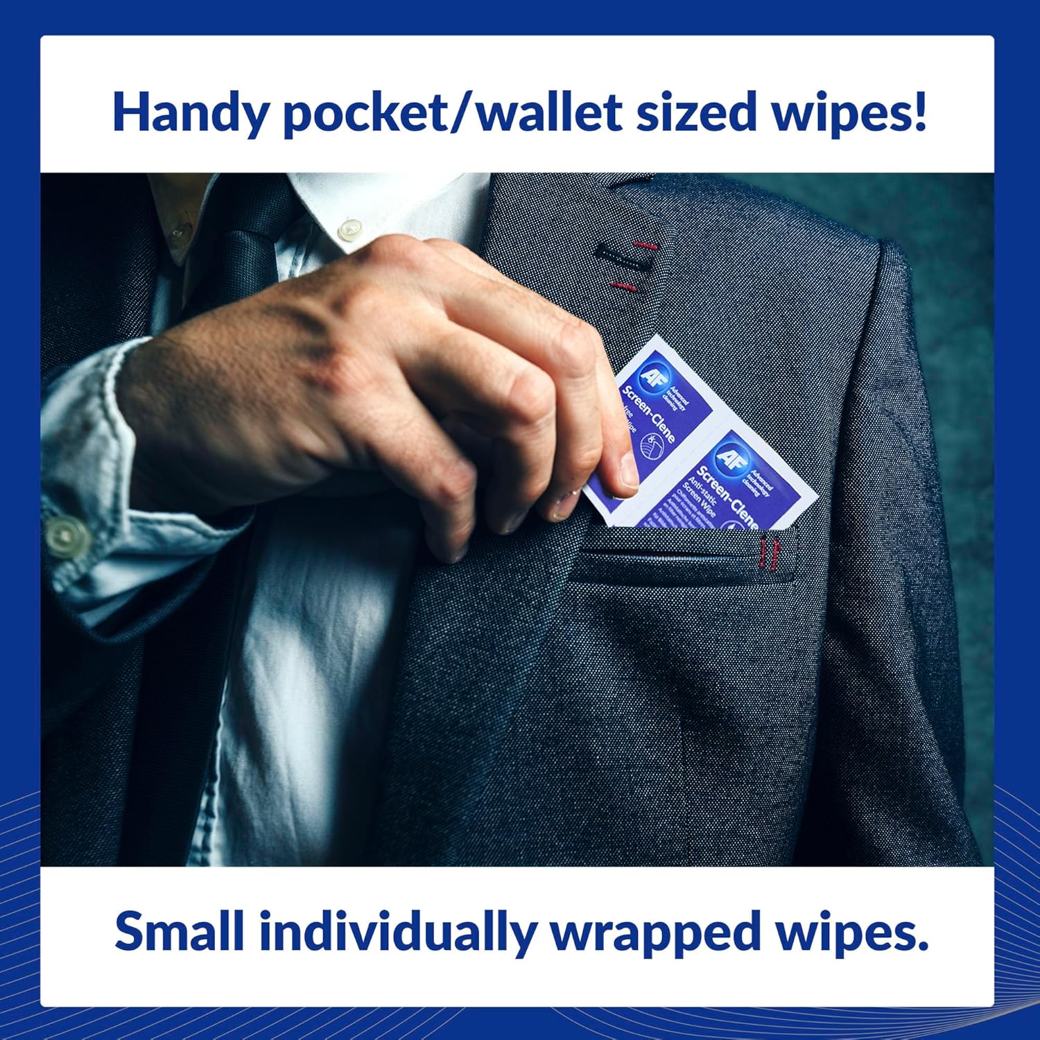 AF Screen and Lens Cleaning Wipes, individual anti-static cleaning wipes for screens and lenses, shown in the image.