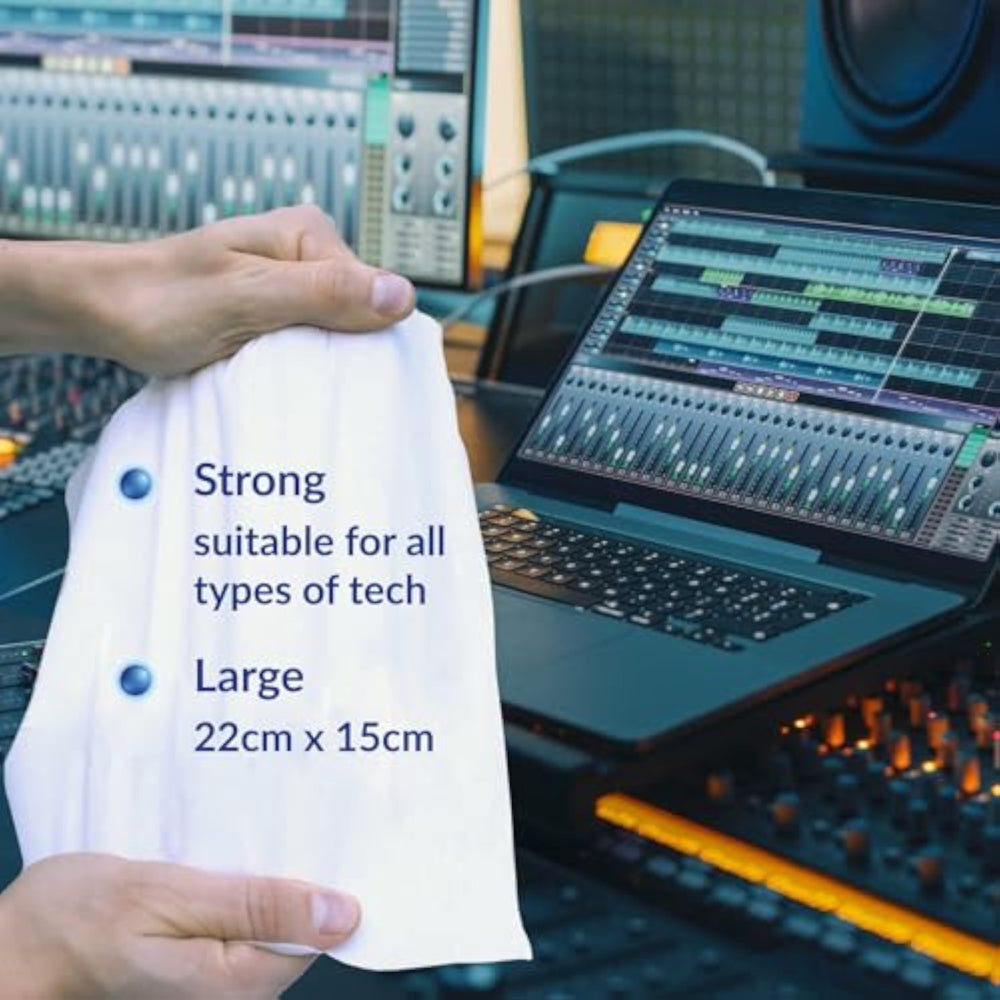 AF Tech Wipes in a package, designed for cleaning screens, tablets, phones, VR headsets, laptops, keyboards, and lenses.
