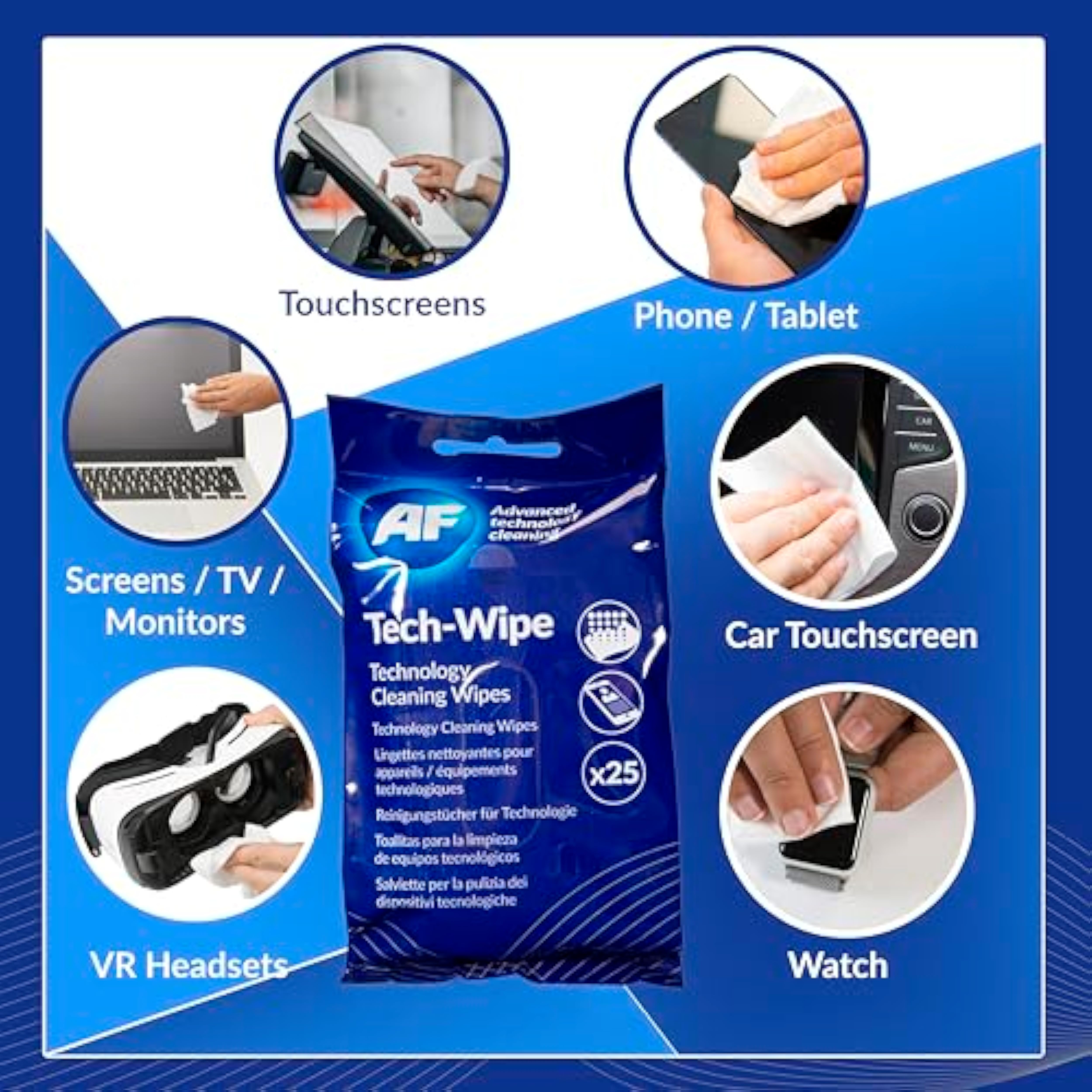 AF Tech Cleaning Wipes for screens, tablets, phones, VR headsets, laptops, keyboards, and lenses, providing a thorough cleaning solution.