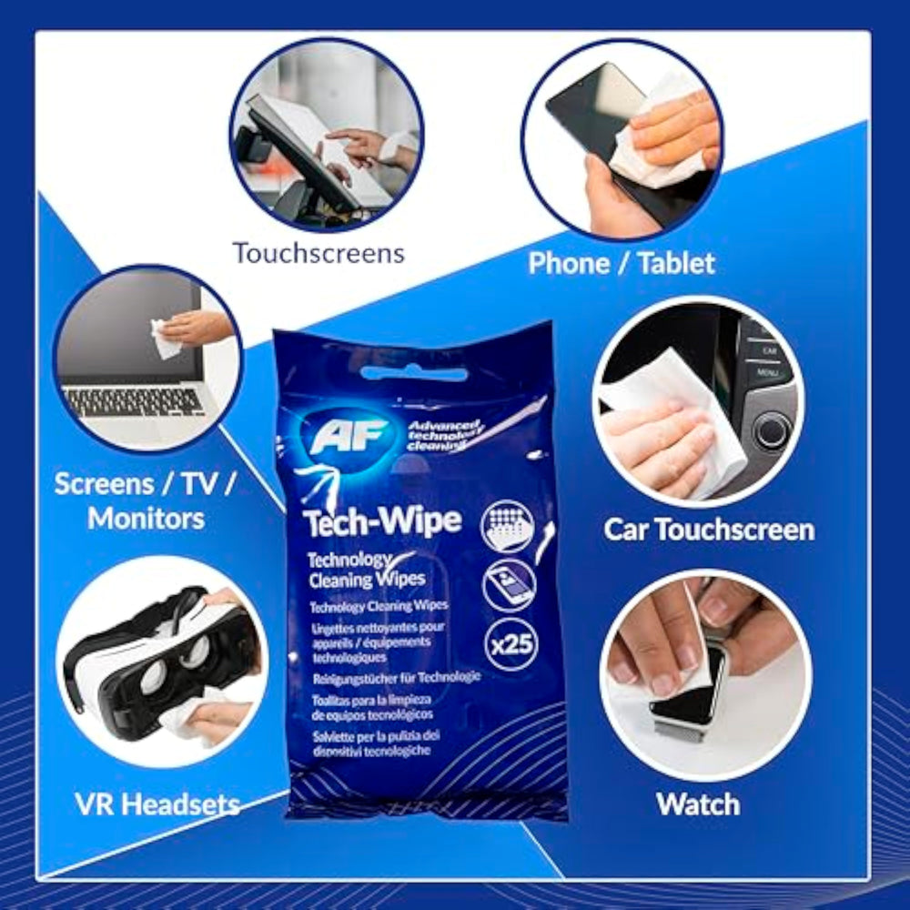 AF Tech Cleaning Wipes for screens, tablets, phones, VR headsets, laptops, keyboards, and lenses, providing a thorough cleaning solution.