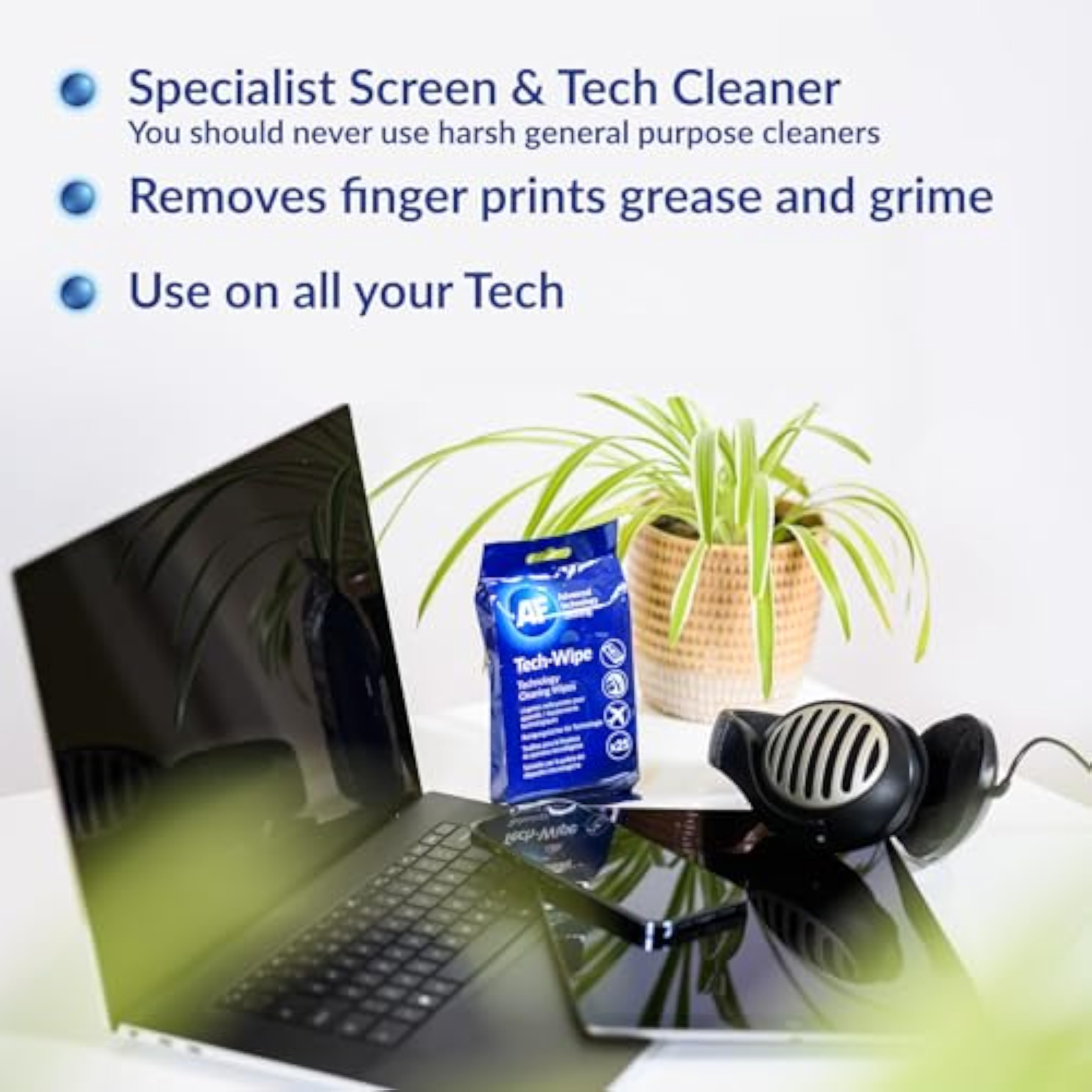 AF Tech Wipes for screens, tablets, phones, VR headsets, laptops, keyboards, and lenses, offering a thorough cleaning solution.