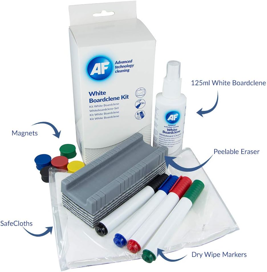 AF Complete Whiteboard Cleaning Kit with cleaning solution, eraser, and accessories for effective whiteboard maintenance and cleaning.