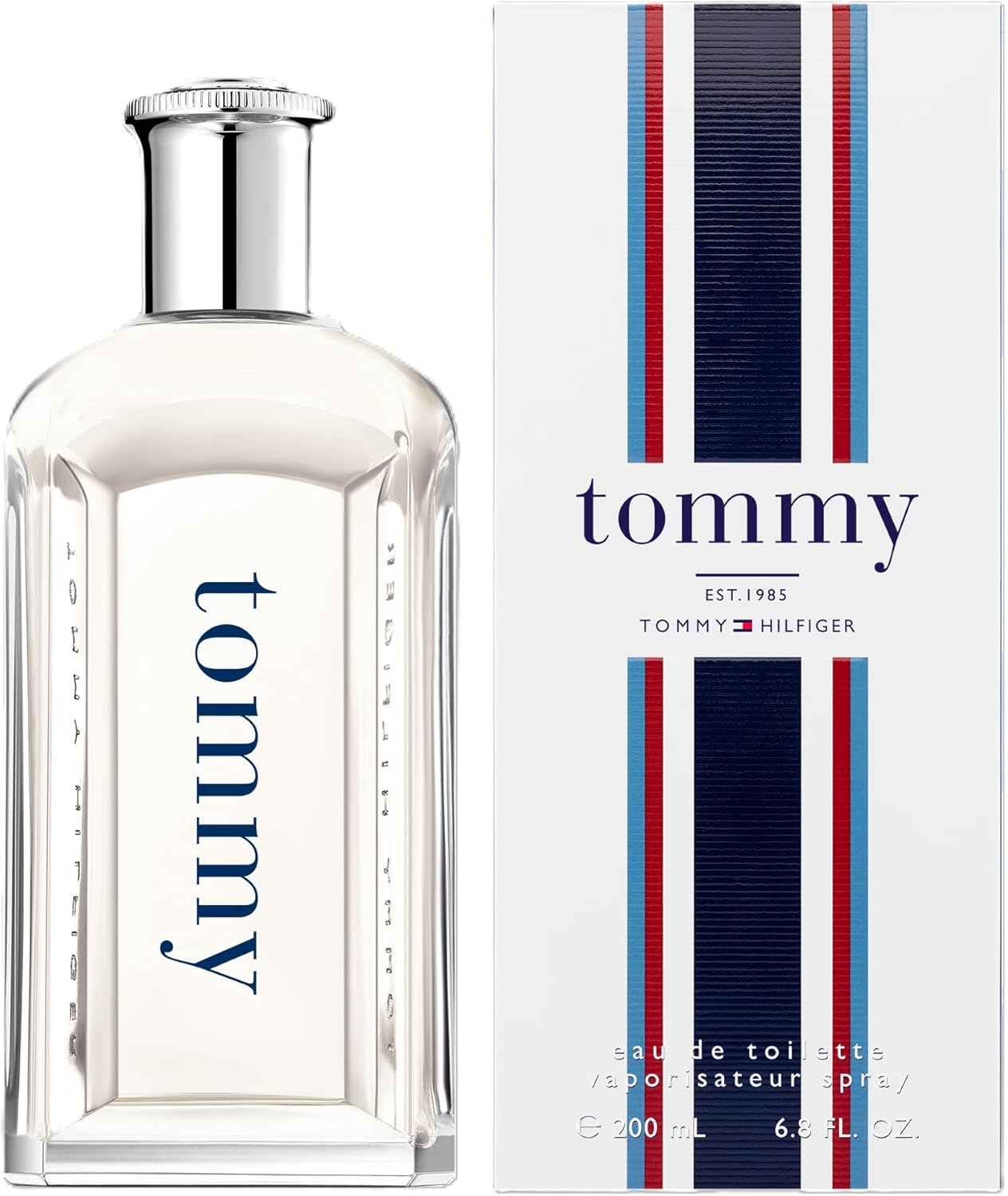 Tommy Hilfiger Tommy Eau de Toilette for men in a transparent glass bottle, featuring fougère fragrance with citrus and fruity notes.