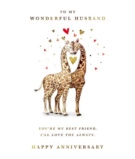Anniversary Card for Husband – Cute Giraffe Couple with Heart Design