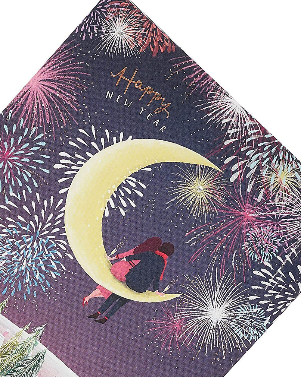 Couple Sitting On Half Moon New Year Christmas Card