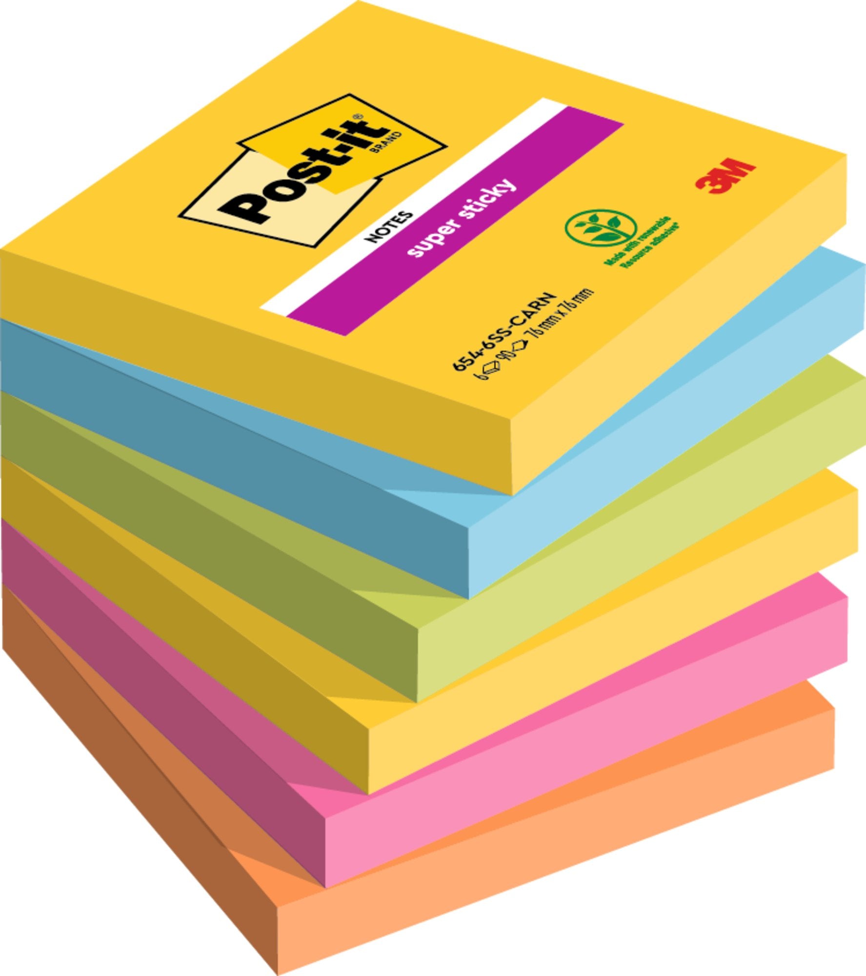 Post-it Super Sticky Notes 76x76mm 90 Sheets Carnival Colours (Pack 6) 7100147841