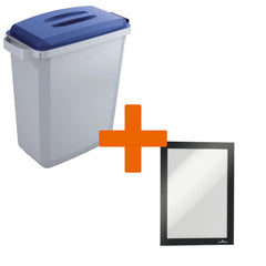 Durable DURABIN Plastic Waste Recycling Bin 60 Litre Grey with Blue Lid & Black A5 DURAFRAME Self-Adhesive Sign Holder - VEH2023002 DD
