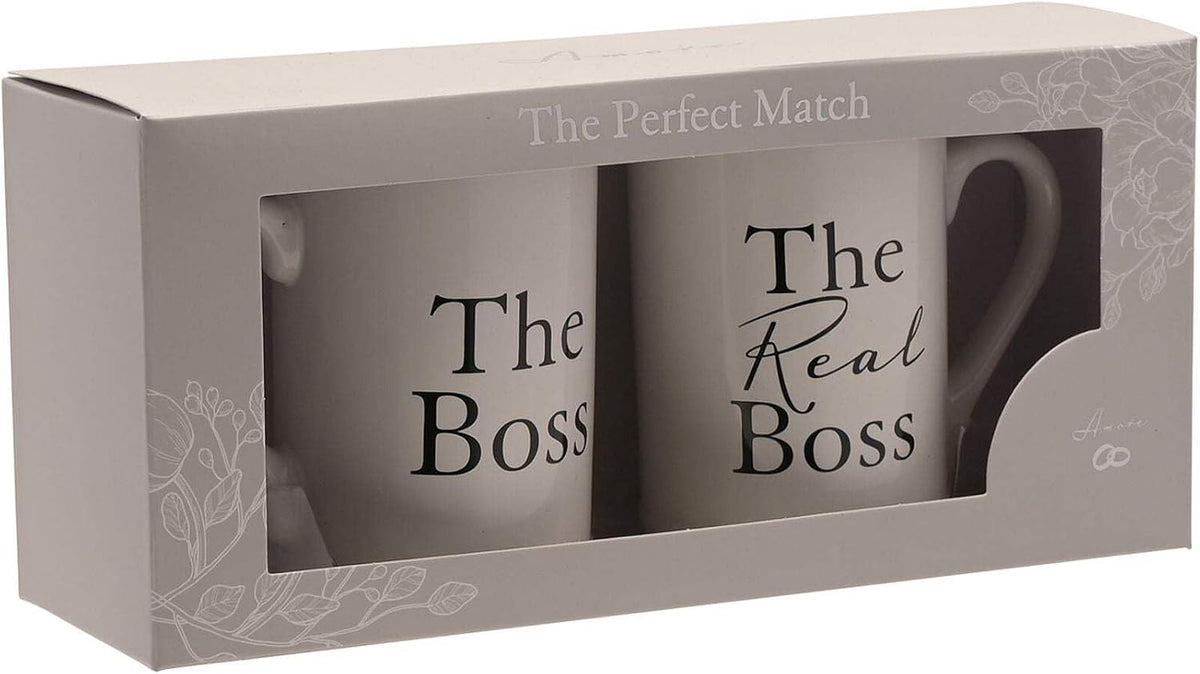 Amore by Juliana® Amore 2-piece mug set featuring "the Boss" and "the Real Boss" novelty coffee mugs.