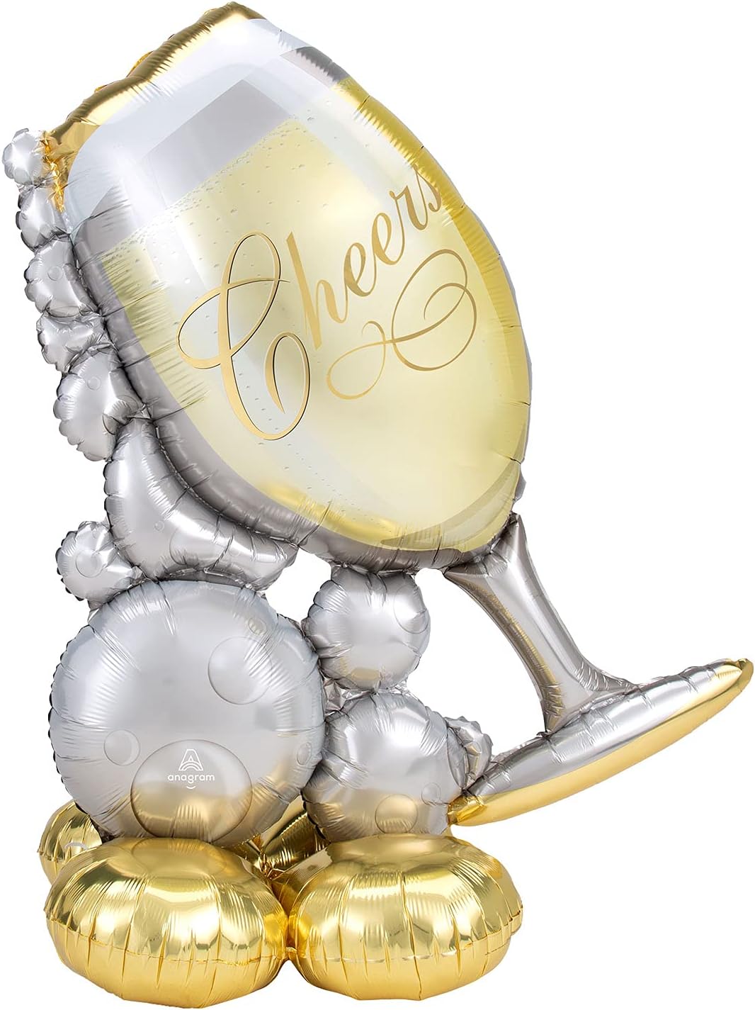 Anagram foil balloon featuring bubbly wine glasses design, perfect for celebrations and party decor.