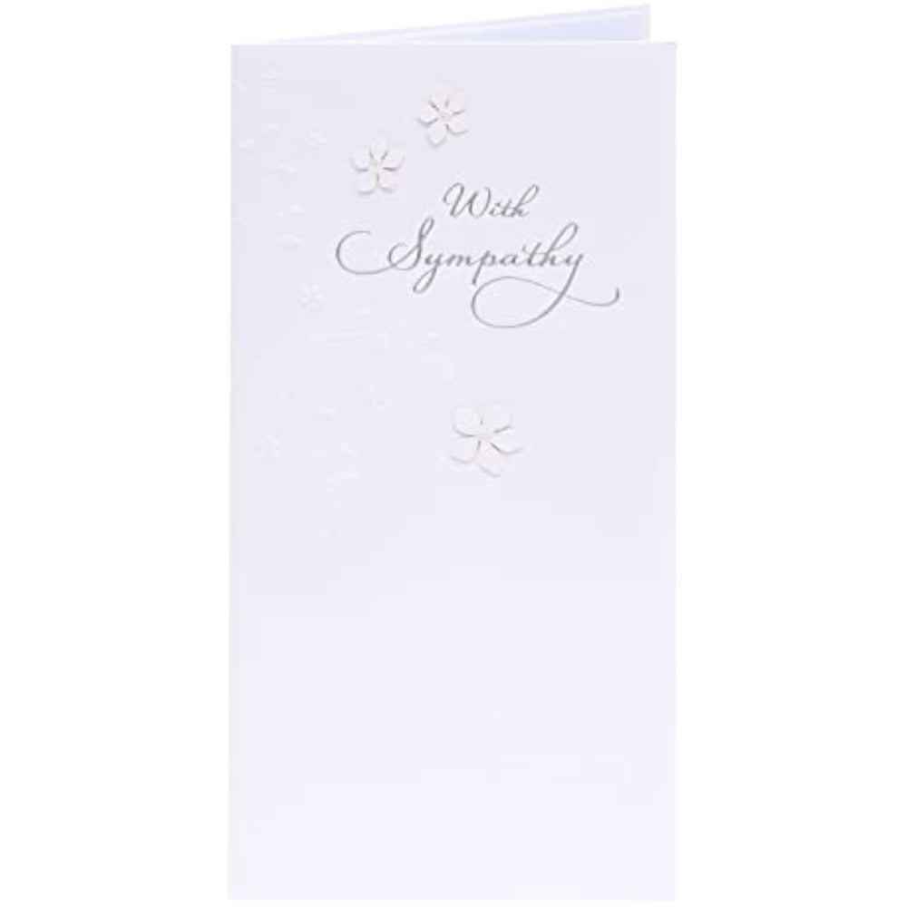 Sympathy Bereavement Card - Pure White with 2D Flowers and Pearl Detail Silver Foil Lettering