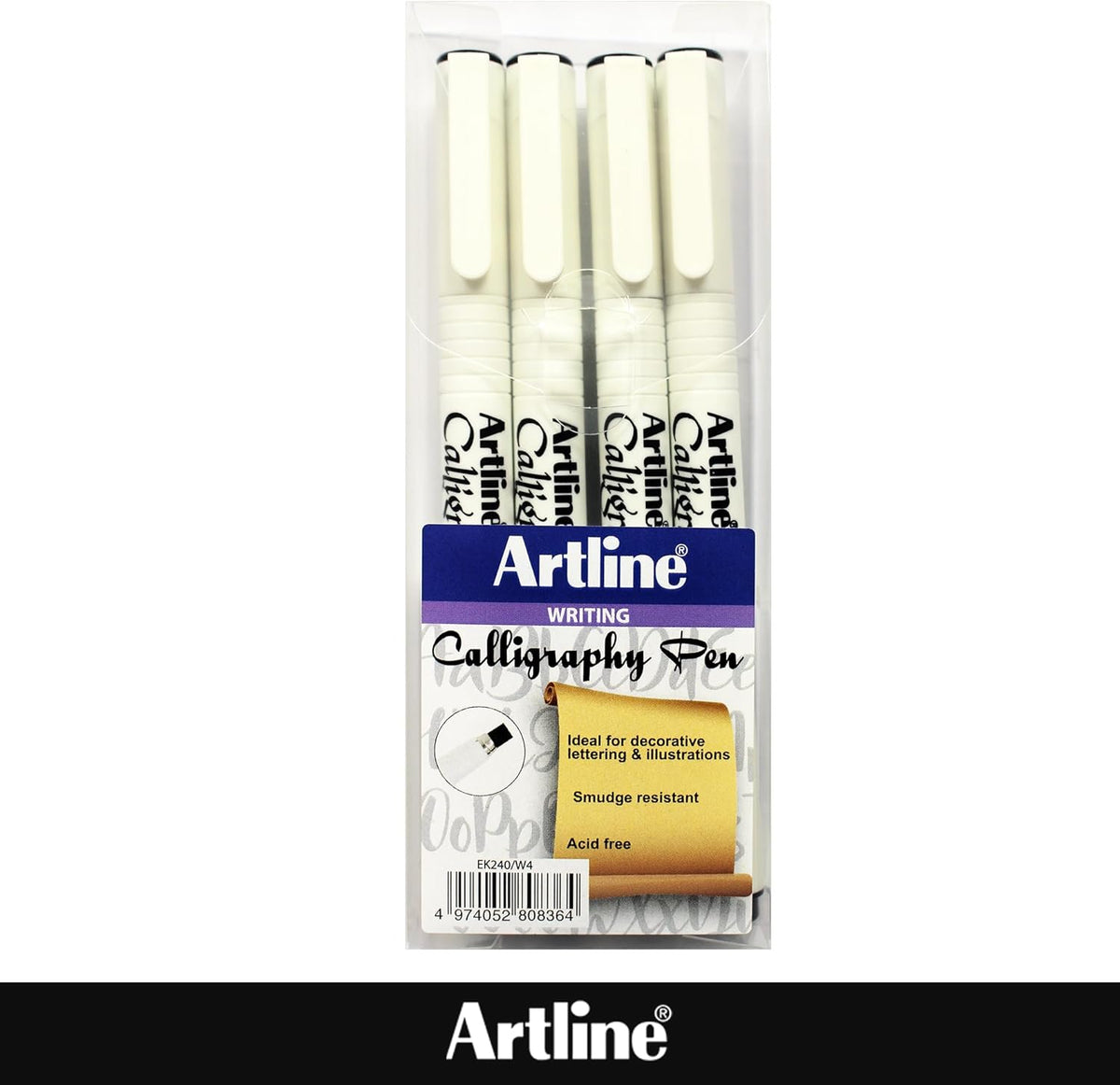 Set of four Artline EK 240W4 calligraphy pens in black, featuring assorted nib sizes for artistic lettering and writing.