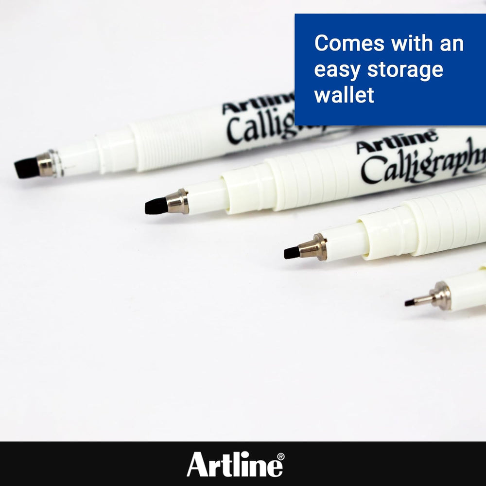 Assorted pack of four black Artline EK 240W4 calligraphy pens from Artline, ideal for creative writing and artistic projects.