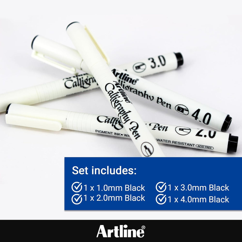 Set of four Artline EK 240W4 calligraphy pens in black, featuring assorted nib sizes for artistic lettering and design projects.