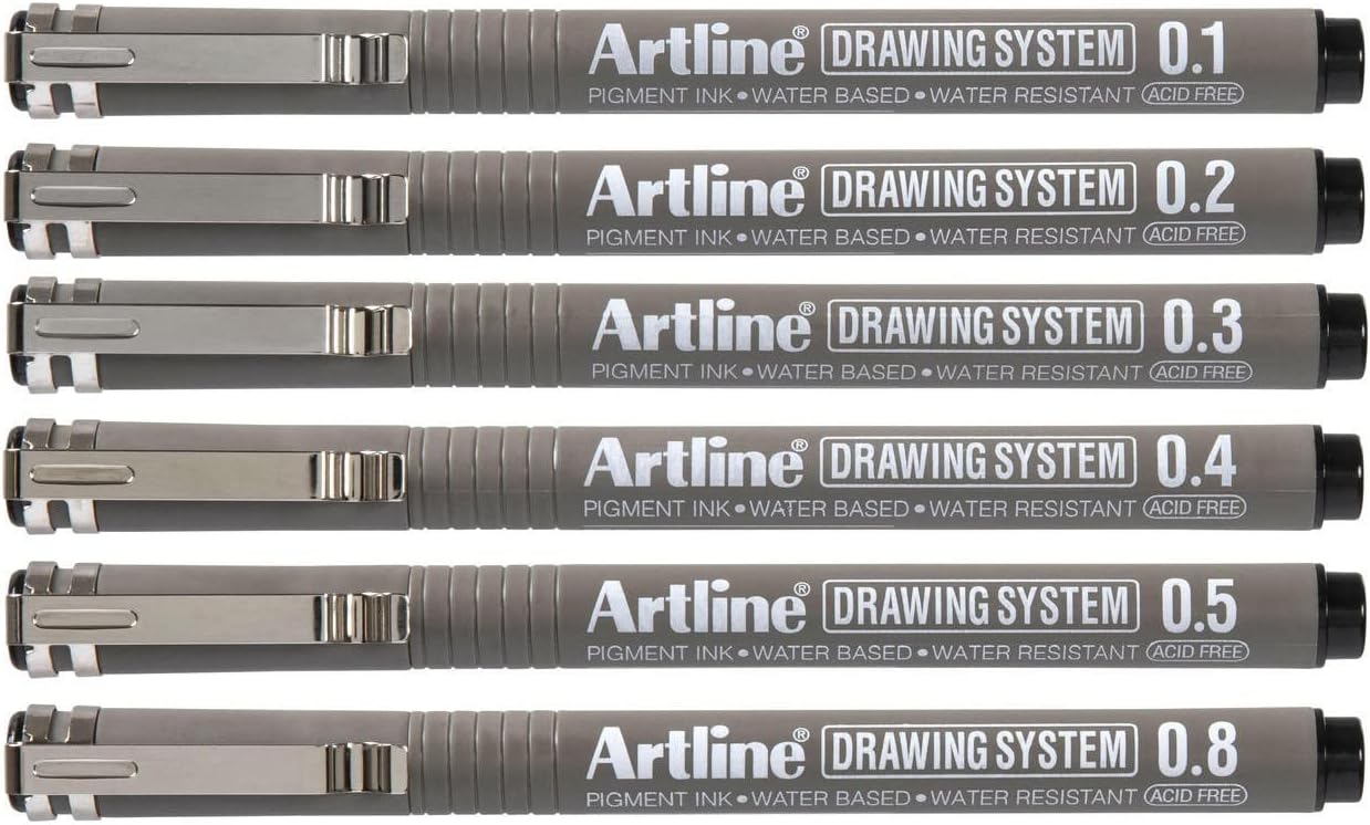 Artline drawing system with black technical pens in various tip sizes (0.1mm to 0.8mm) for precise art and technical sketches.