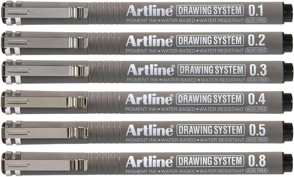 Artline drawing system with black technical pens in various tip sizes (0.1mm to 0.8mm) for precise art and technical sketches.