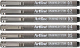 Artline drawing system with black technical pens in various tip sizes (0.1mm to 0.8mm) for precise art and technical sketches.