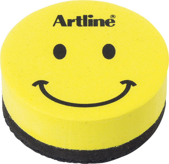 Artline yellow round smiley face magnetic eraser for whiteboards, fun office supplies and whiteboard accessory.