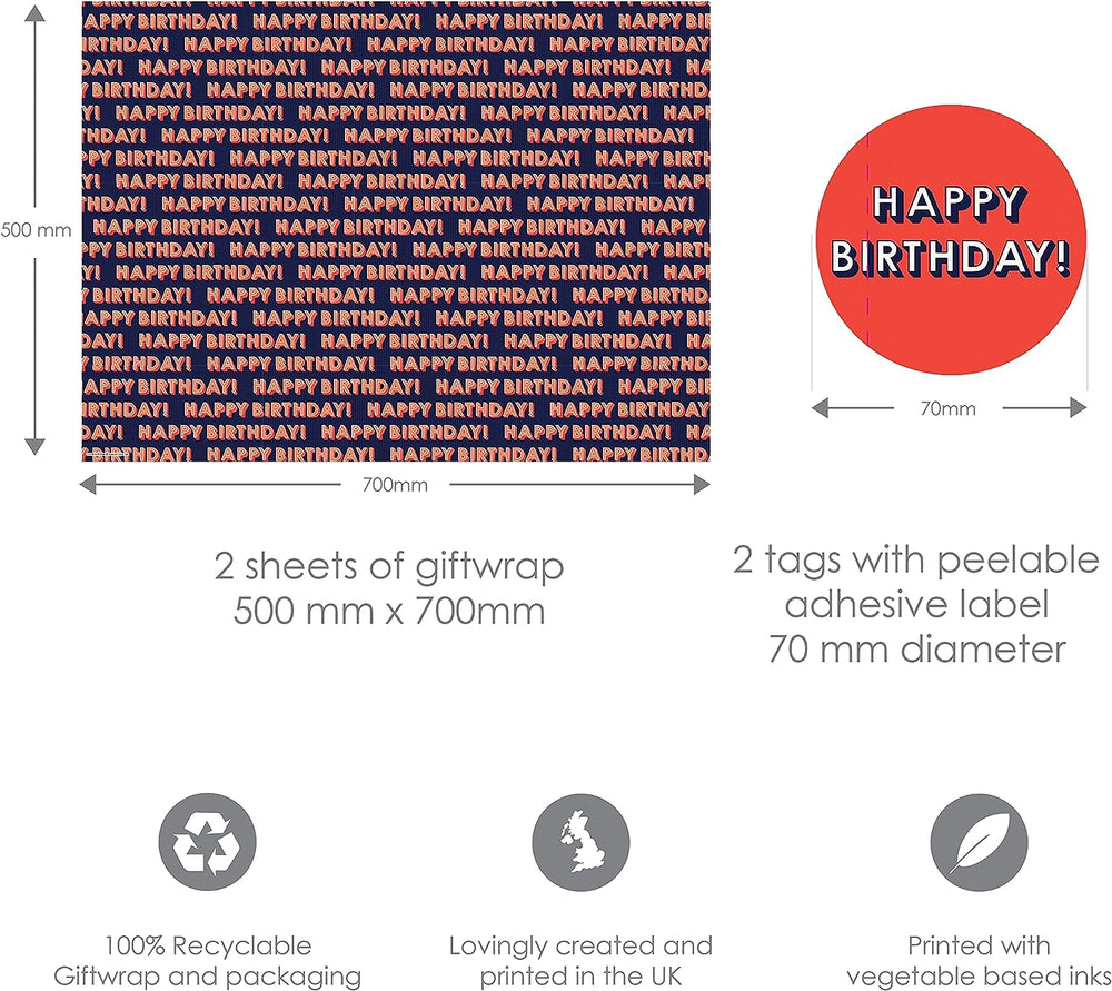 Happy Birthday Birthday Gift Wrap 2 Sheets & 2 Tags
