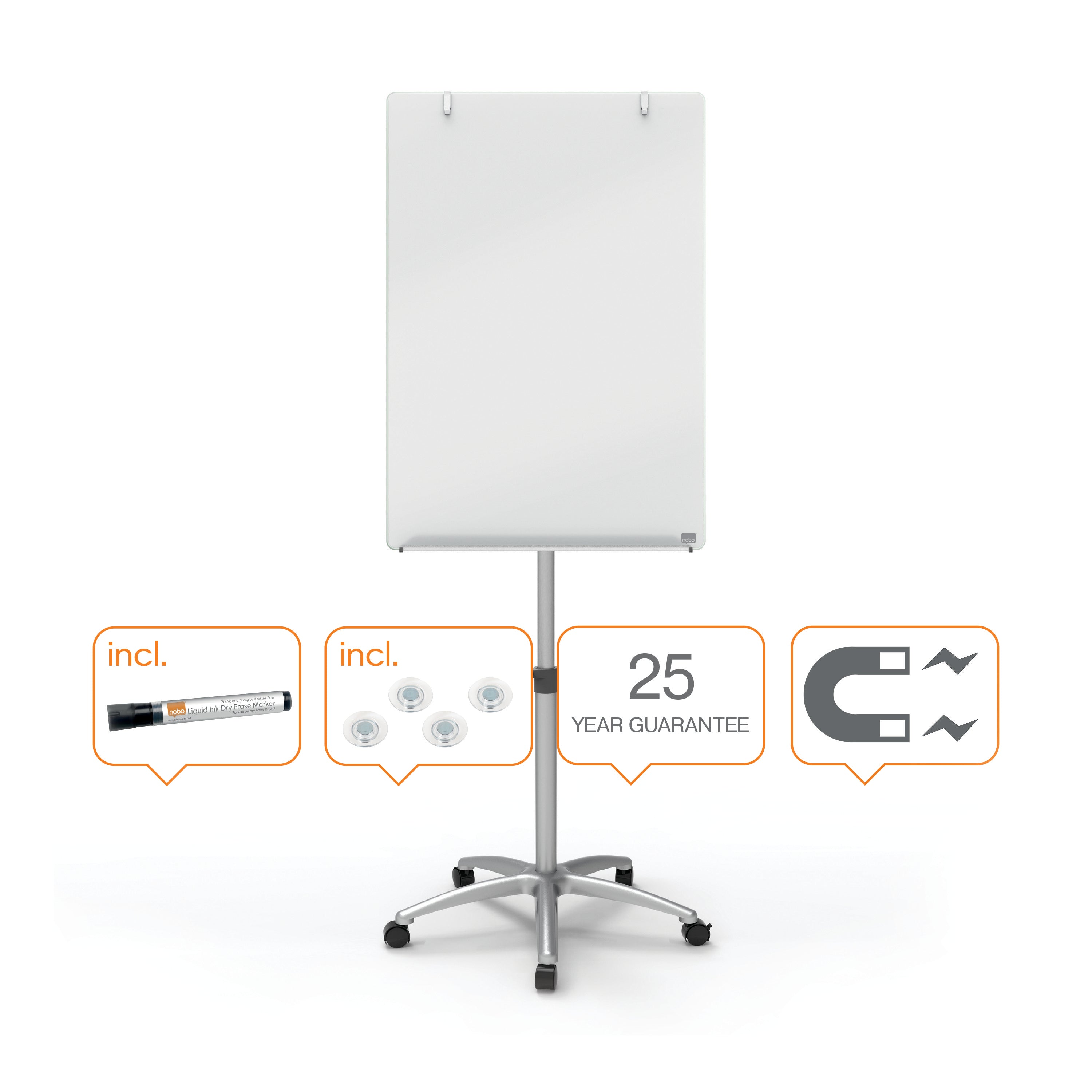 Nobo Glass Mobile Flipchart Easel Magnetic 700x1000mm Silver 1903949 DD