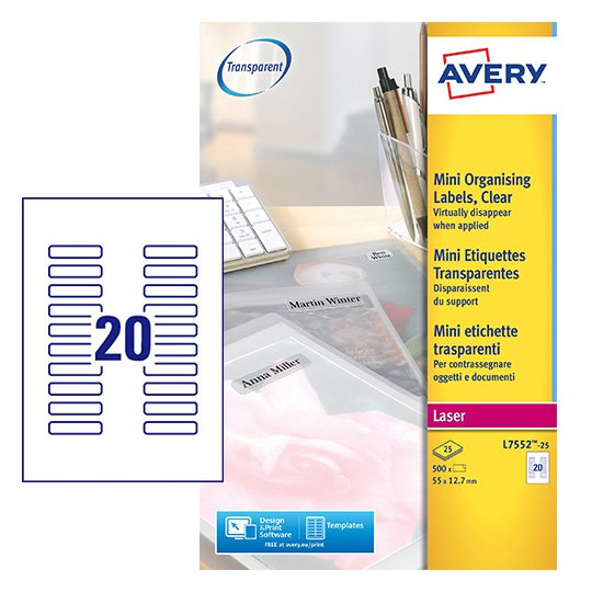 Avery Laser Mini Label 55x122mm 25 Per A4 Sheet Clear (Pack 500 Labels) L7552-25