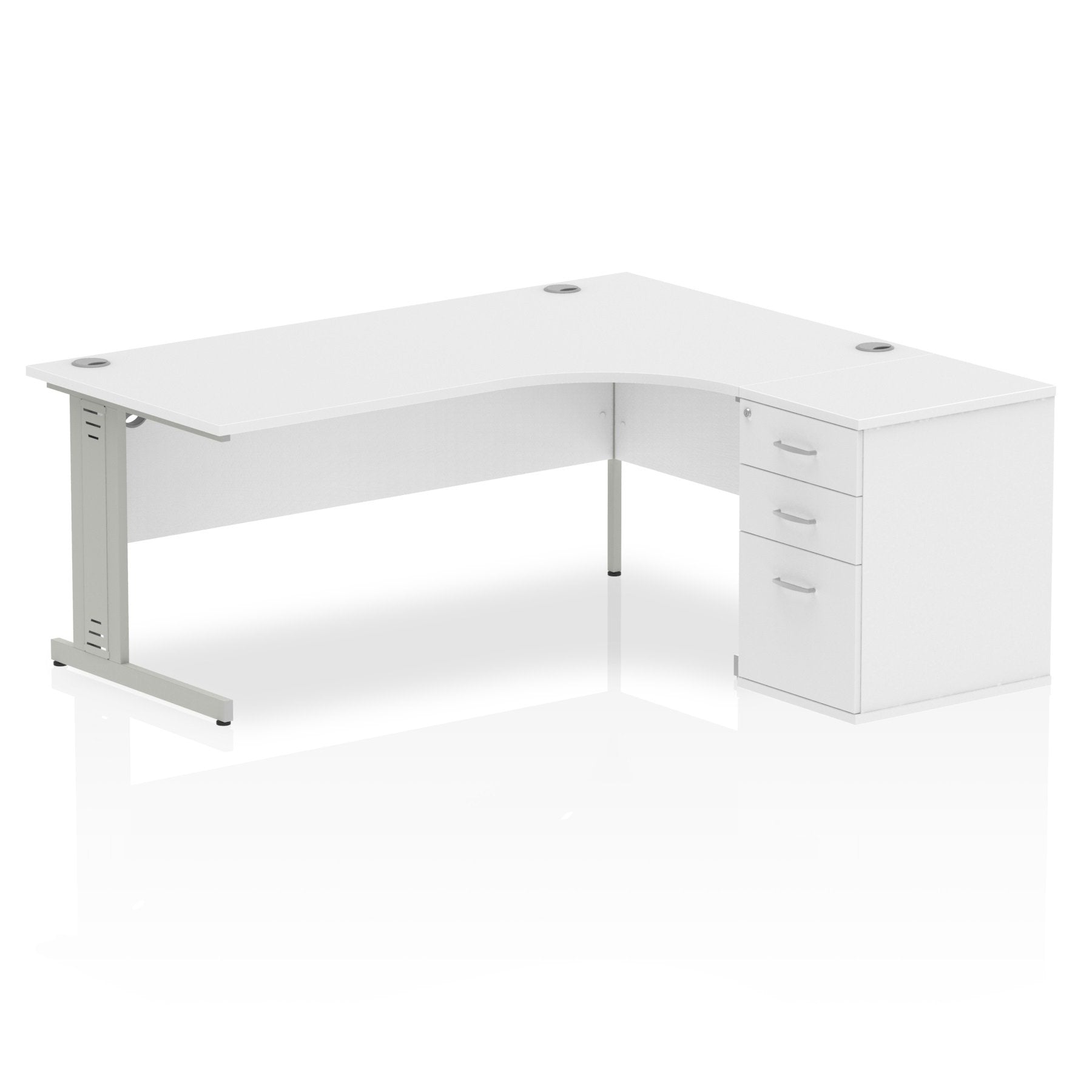 Dynamic Impulse 1800mm Right Crescent Desk White Top Silver Cable Managed Leg Workstation 600mm Deep Desk High Pedestal Bundle I000650 DD
