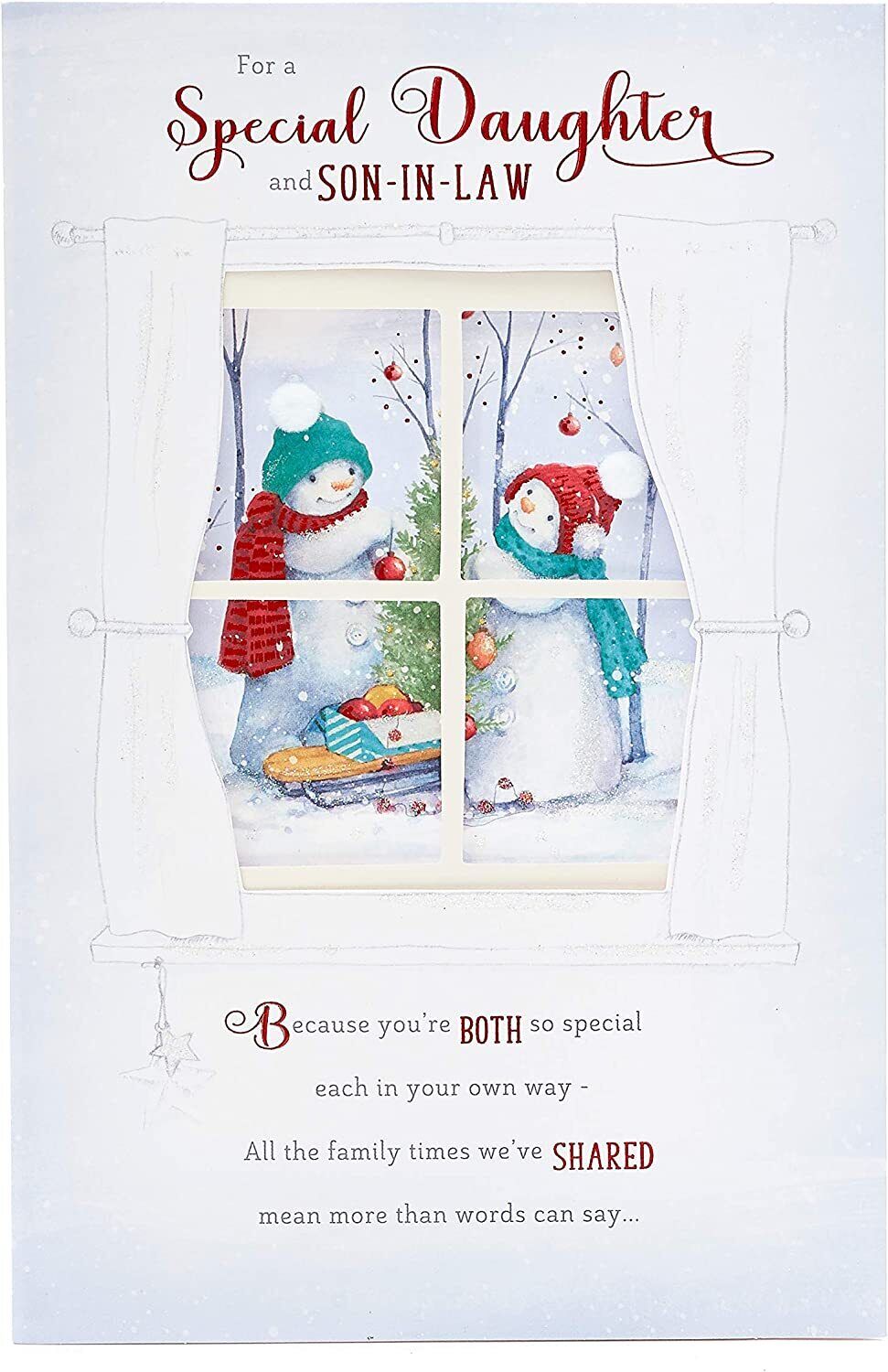 Snowmen Decorating a Tree Daughter & Son In Law Christmas Card