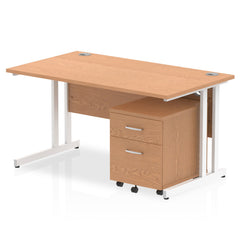 Impulse Cantilever Straight Office Desk W1400 x D800 x H730mm Oak Finish White Frame With 2 Drawer Mobile Pedestal - I003913 DD