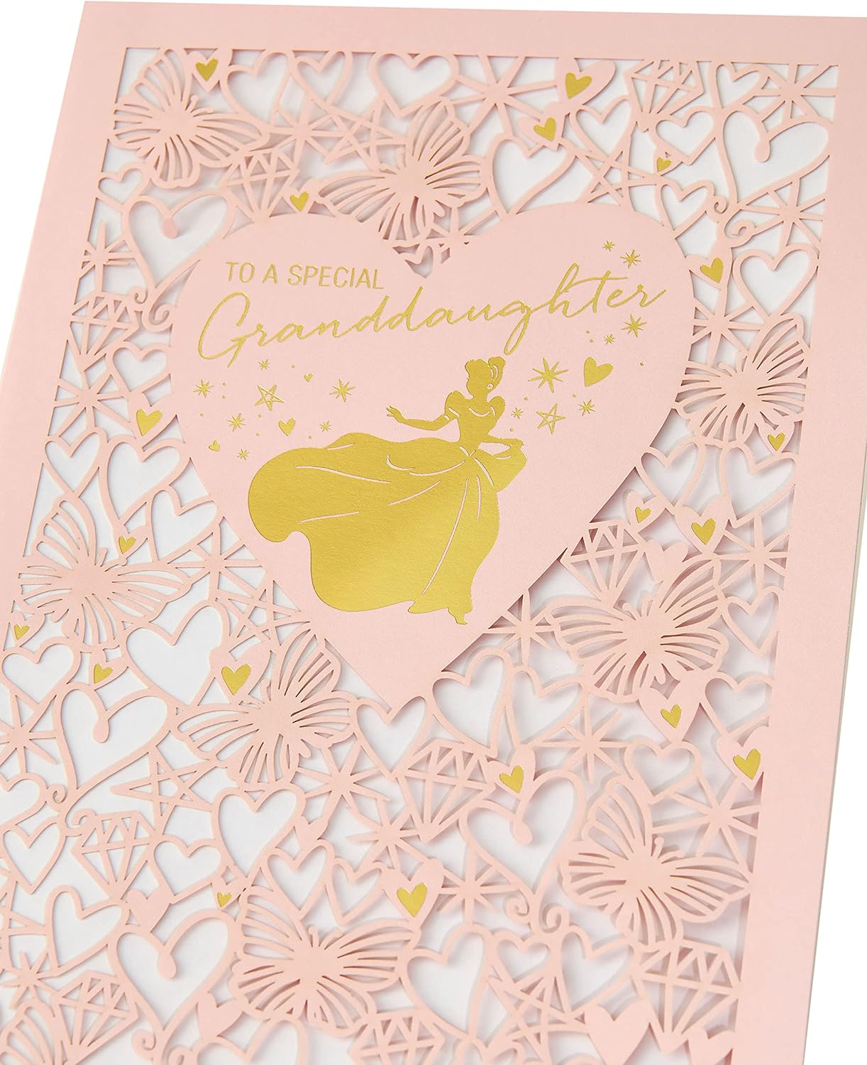 Disney Princess Birthday Card For Granddaughter With Envelope - Children's Design With Love Hearts And Butterflies