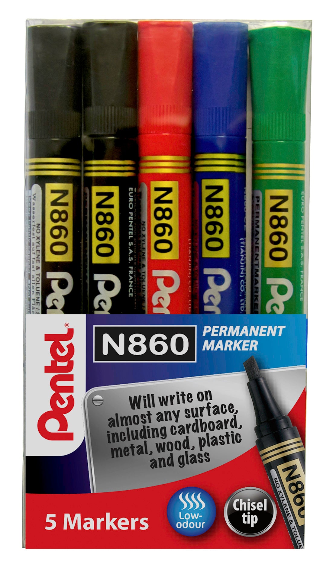 Pentel N860 Permanent Marker Chisel Tip 1.8 - 4.5mm Line Assorted (Pack 5) YN860/5-M