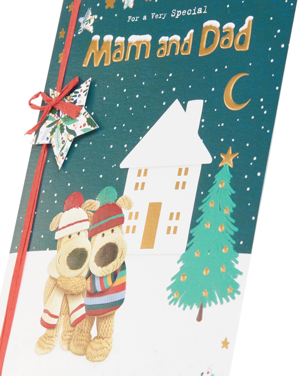 Mam and Dad Christmas Greeting Card – Cute Boofles Outside the House Festive Design
