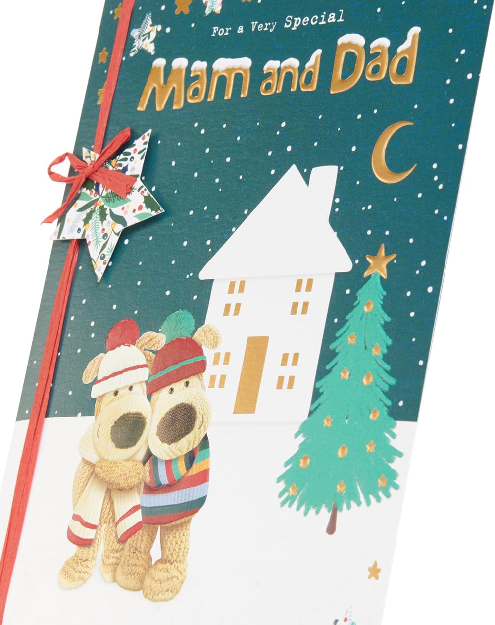 Mam and Dad Christmas Greeting Card – Cute Boofles Outside the House Festive Design